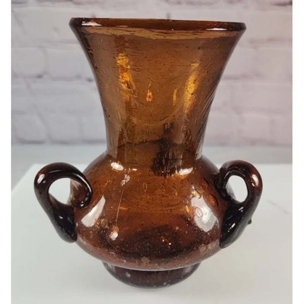 Vintage Hand Blown Triple Handle Vase Brown Color Blenko?